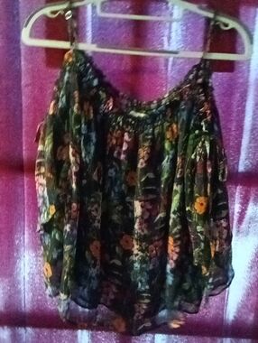 Women’s H&M Floral Chiffon Sheer Blouse - Black Green Floral Print